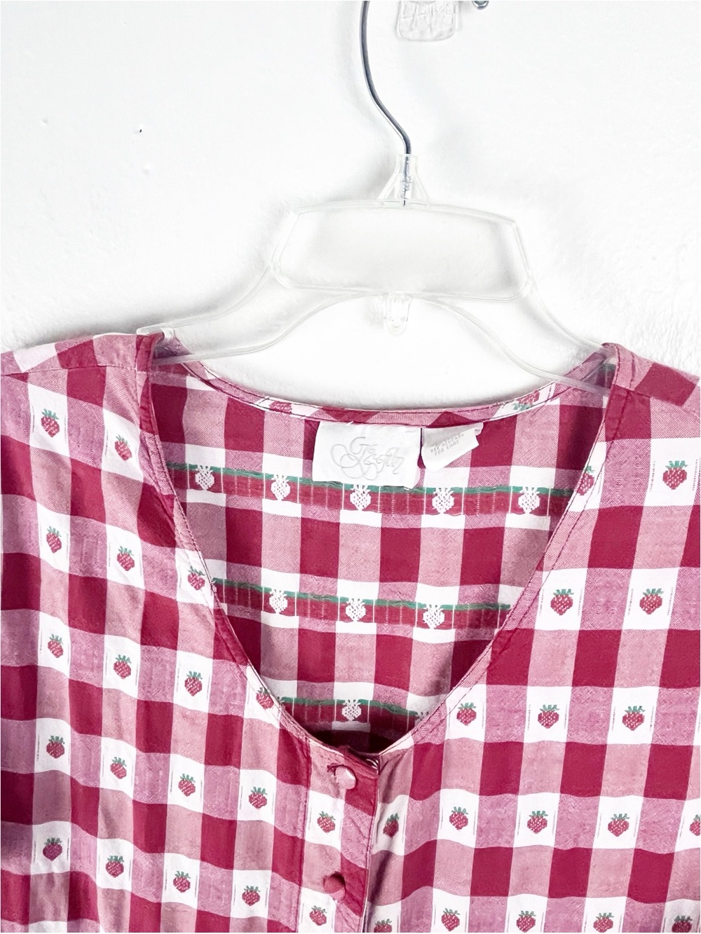 VINTAGE 100% Cotton Red Checkered Strawberries Short Sleeves Button Dress Large - Picture 5 of 9